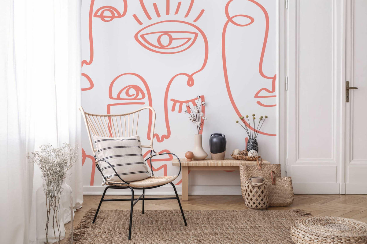Coral Minimal Abstract Faces Wall Mural