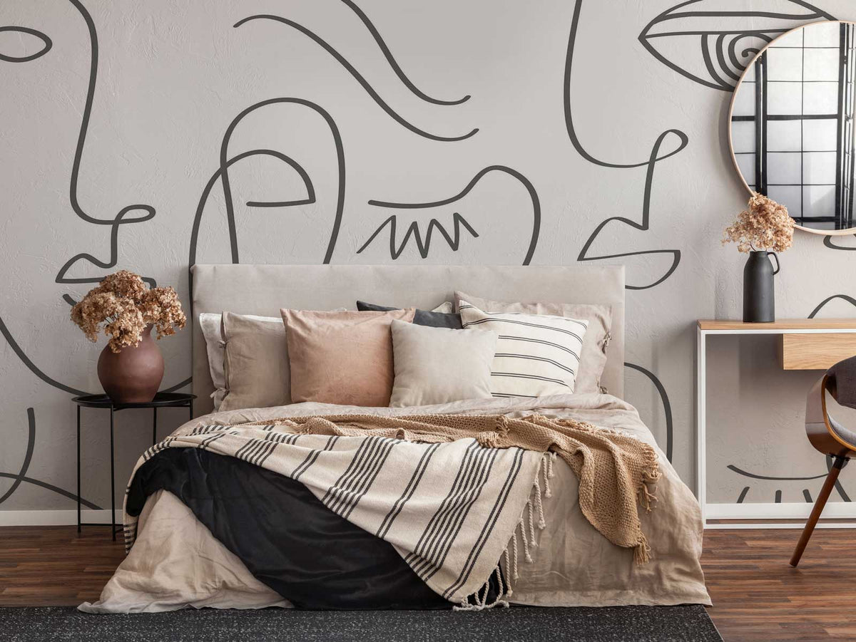 Grey Abstract Line Faces Wall Mural