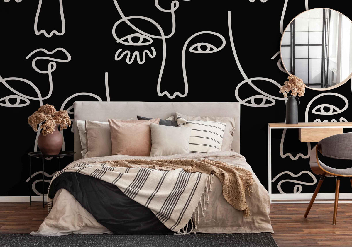 Large Black Abstract Line Faces Wall Mural