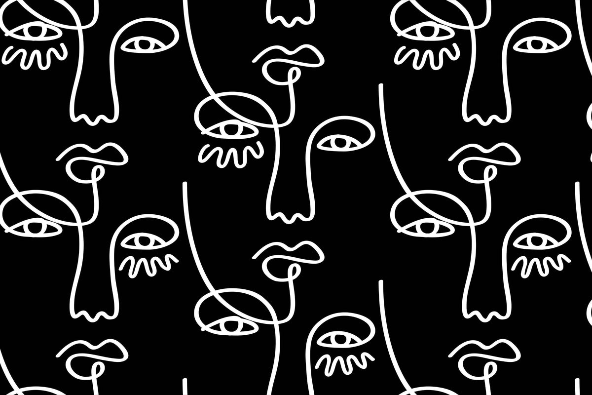 Large Black Abstract Line Faces Wall Mural