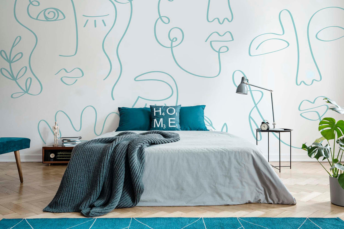 Pale Blue Minimal Abstract Faces Wall Mural