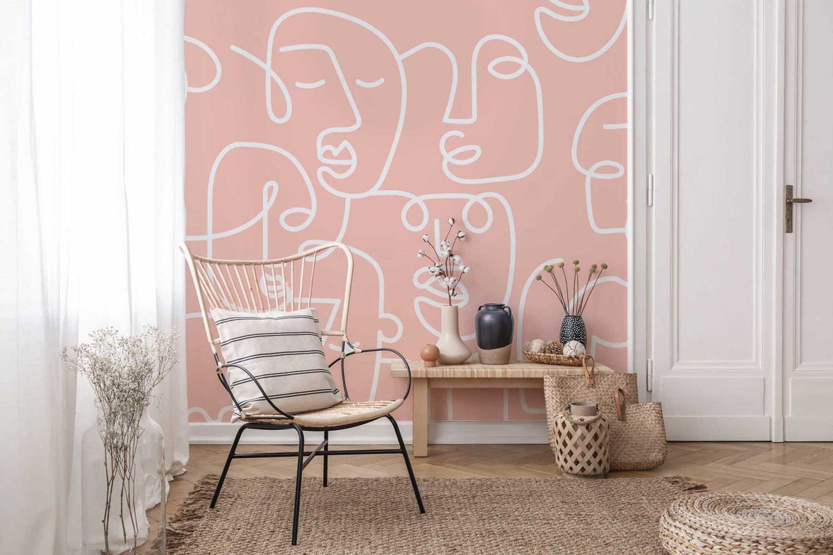 Pink Abstract Line Faces Wall Mural