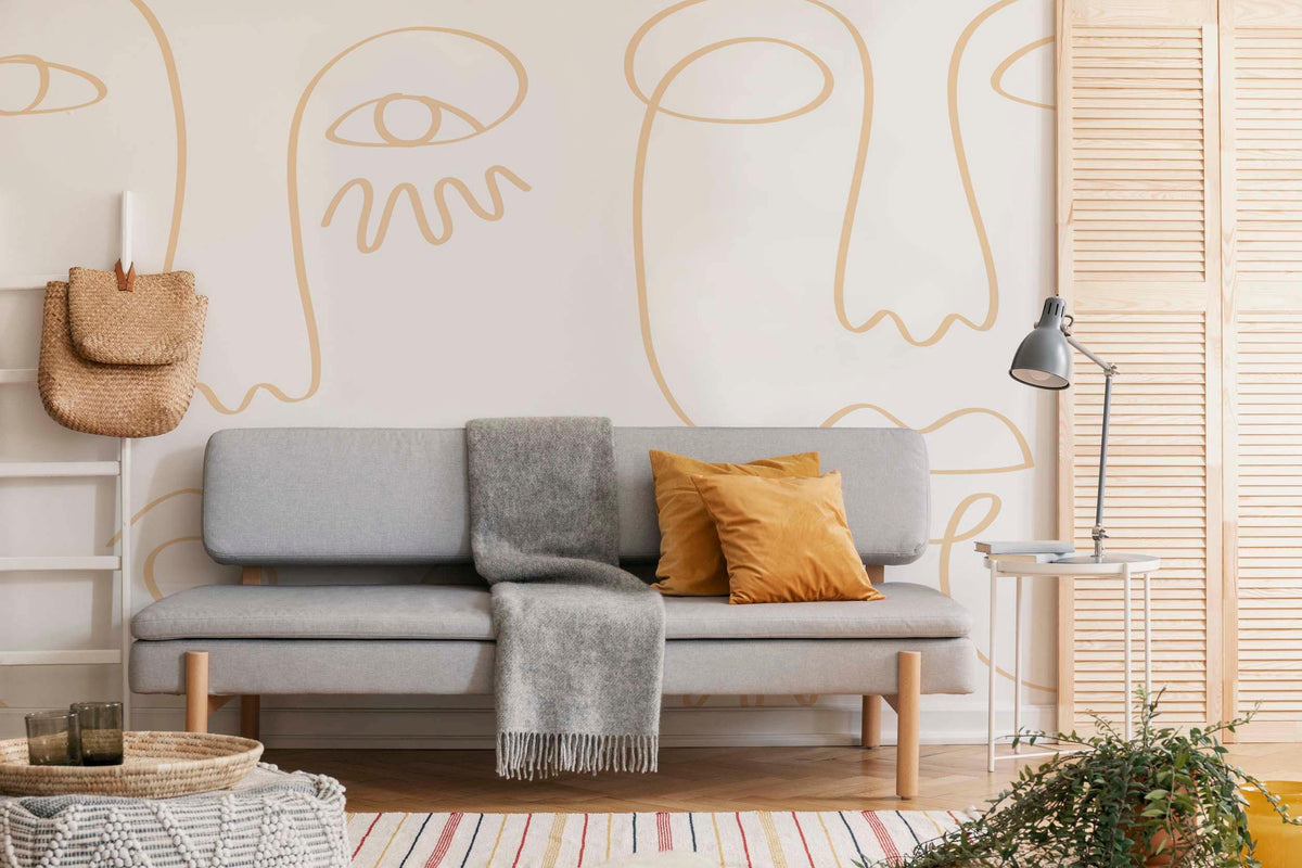 White Gold Minimal Abstract Faces Wall Mural